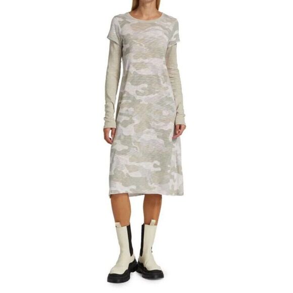 New ATM Anthony Thomas Melillo Slub-Knit Layered Midi Dress in Camo Medium - Picture 1 of 8